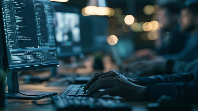 Programmer collaborating online while typing during a video call ,IT code, inthernet connection, typing, photo style