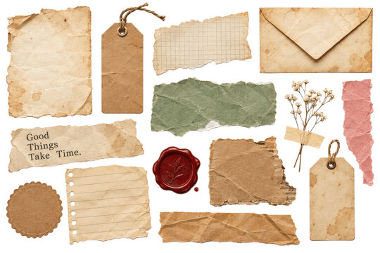 Collection of vintage paper scraps, torn kraft labels and aged envelopes isolated on transparent background, perfect for scrapbook projects and rustic wedding stationery design