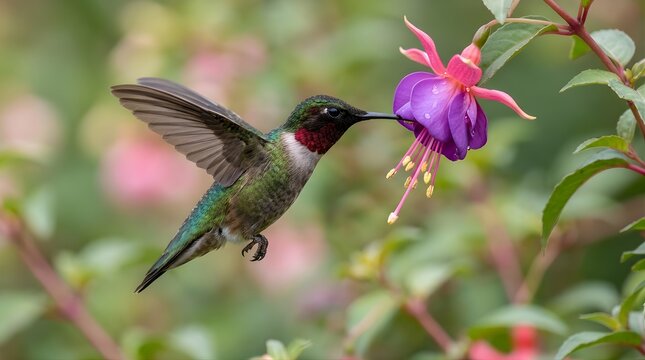 Ruby-throated hummingbird hovering to drink nectar from a purple fuchsia