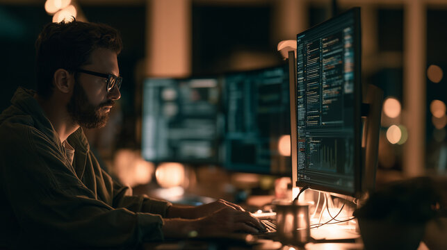 Software developer working late at night with multiple monitors ,IT code, inthernet connection, typing, photo style