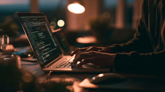 Freelancer typing on a laptop in a cozy home office ,IT code, inthernet connection, typing, photo style