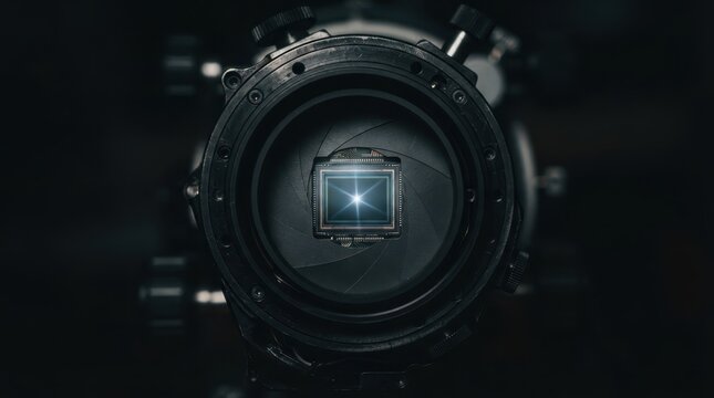 Camera sensor behind a telescope lens with aperture blades and metallic housing