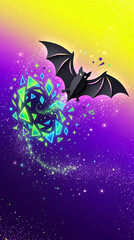 Naklejka premium Black paper bat flying over neon geometric shapes and sparkling particles, symbolizing mystery and magic, perfect for fantasy or holiday themes