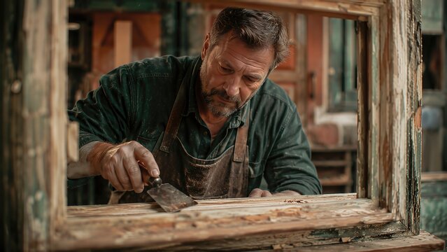 Mature male carpenter using a trowel to apply plaster on a wooden frame in a rustic workshop with tools and materials visible in the background