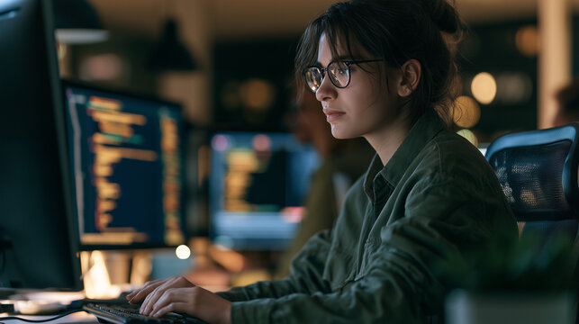 Young woman programmer focused on typing at her workstation ,IT code, inthernet connection, typing, photo style