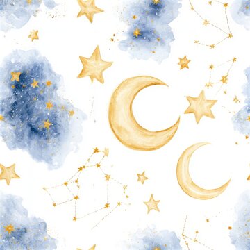 Watercolor seamless pattern of stars, a crescent moon, and constellations on a clean white background, soft illustrative style