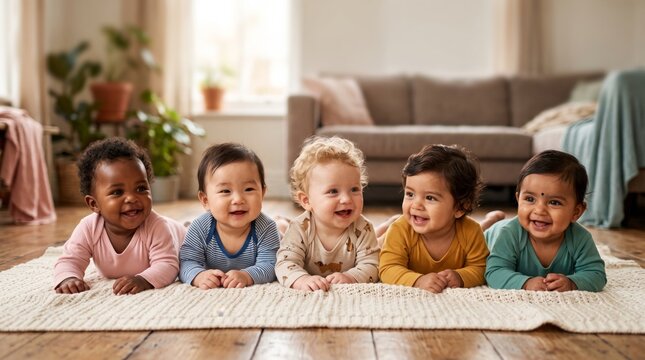 Five happy babies from diverse ethnic backgrounds lying together on a soft rug in a bright family home