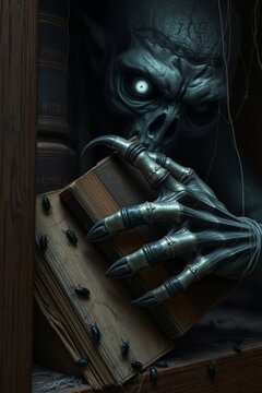 Creepy Monster Claw Reaching for Old Book with Spiders on Wooden Bookshelf