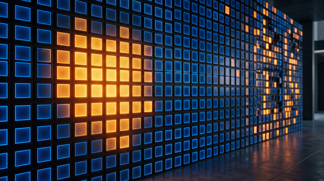 A large digital wall display with glowing blue and orange square pixels, symbolizing data, technology, and abstract patterns, perfect for digital concepts.