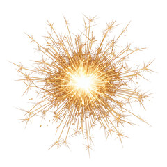 Fototapeta premium A bright golden spark burst radiates outward from a brilliant white central flash. It shows fine star shaped sparks, warm glowing trails and scattered points of light on a transparent background.