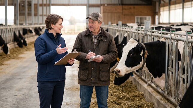 veterinarian advising dairy farmer about cow health