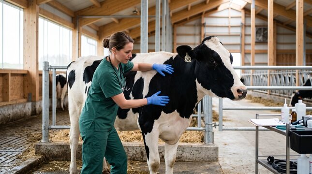 veterinarian caring for cow in modern barn