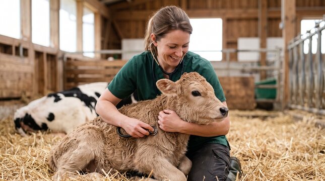 veterinarian caring for newborn calf