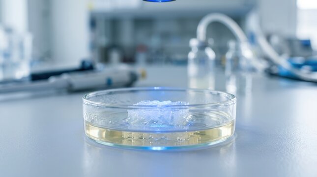 Hydrogel photopolymerization with vitamin b2, blue light, translucent scaffold, and petri dish in a sterile laboratory.
