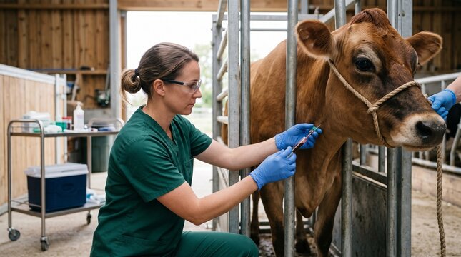 veterinarian collecting cow blood sample