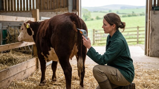 veterinarian checking cow temperature