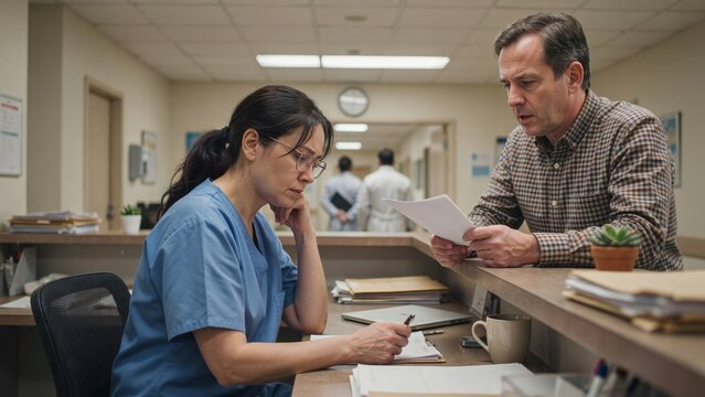 Nurse in blue scrubs filling in paperwork at a clinic reception while a patient waits nearby