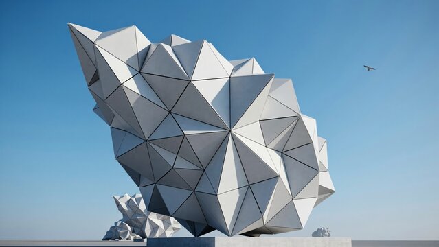Abstract white architectural pattern of folded angular facets rising against a clear blue sky