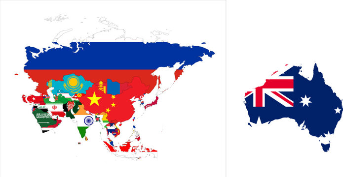 Flag mosaic map of Asia. Each country filled by official national flag. Colorful political map illustration showing states isolated on a white background.