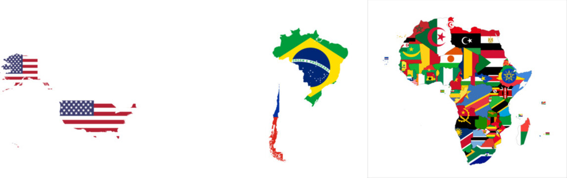 Flag mosaic map of Africa. Each country filled by official national flag. Colorful political map illustration showing states isolated on a white background.