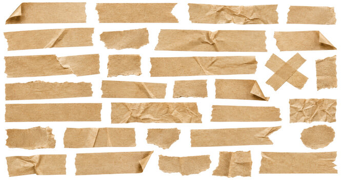 Collection of brown kraft paper tape strips, torn masking tape pieces isolated on white background for creative design projects