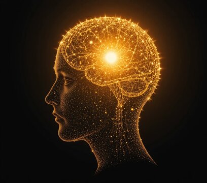 Human head profile with glowing brain, concept of intelligence, artificial intelligence, neuroscience and digital technology