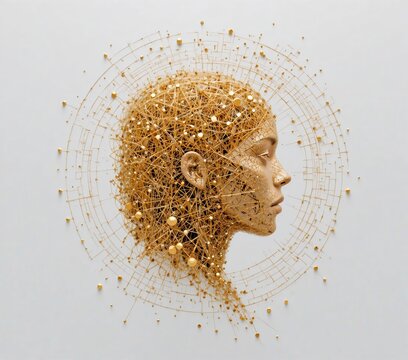 Human head silhouette formed by golden particles, abstract concept of intelligence, creativity and digital transformation