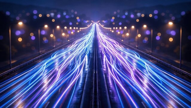 Streaking neon lights on a dark highway evoke speed, connectivity, and futuristic travel through a city at night