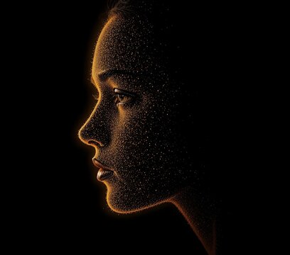 Human face profile illuminated with golden light on black background, abstract concept of intelligence, technology and human consciousness