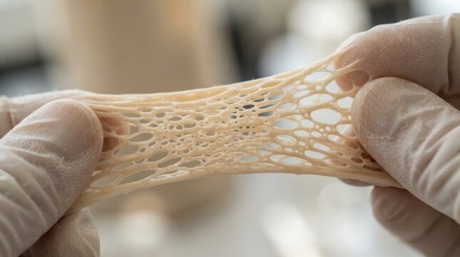 Soft latex rubber lattice stretched between gloved fingertips with porous cells and fine surface lines