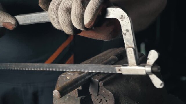 Skilled technician using a hacksaw to cut metal rods secured in a vise, showcasing precise hand movements and tool handling in a well-lit workshop environment with tools visible