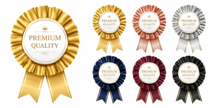 Luxury rosette, premium quality medal set in gold, silver, and black, with ribbon badges, certificate decoration, and label vector material.
