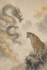 Obraz premium Tiger and dragon face off in dramatic Asian illustration