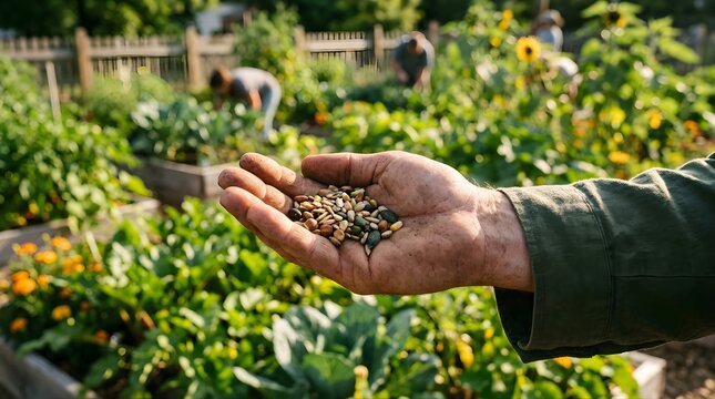 Farmer holding a handful of mixed seeds in a sunny community garden