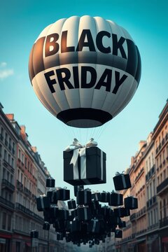 Black Friday Hot Air Balloon Delivering Wrapped Gift Boxes over City Street
