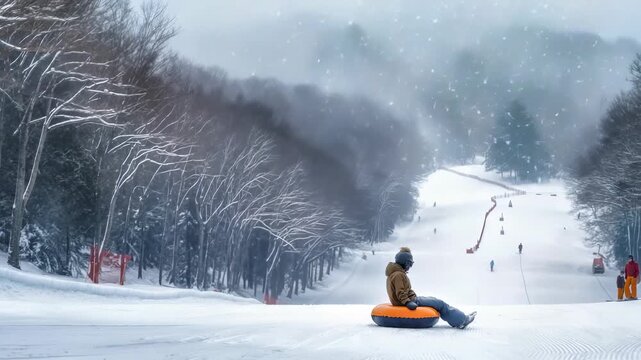 A person wearing winter clothes, seated on an orange snow tube atop a snowy slope with other people skiing and tubing in the background, all under falling snow. A forest borders the area.