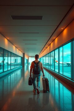 Rear View of Male Traveler Walking with Rolling Suitcase in Airport Corridor