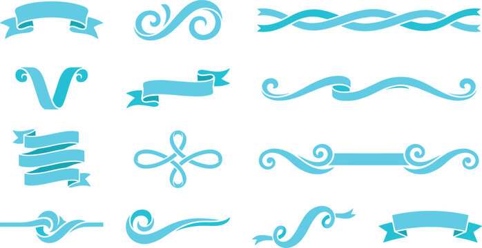 Cyan ribbon banners and swirl decorations for certificate accents and package embellishments.