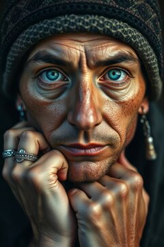 Close Up Portrait of Thoughtful Mature Man with Piercing Blue Eyes and Beanie