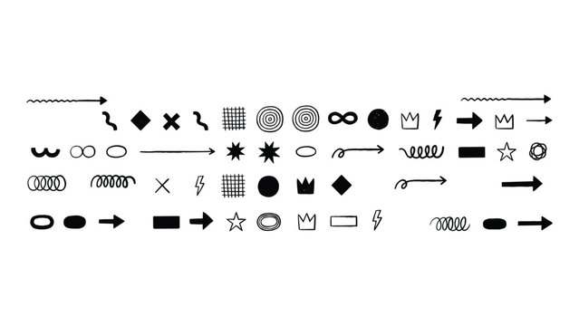 A collection of various black handdrawn doodle design elements including arrows circles stars crowns shapes and abstract squiggly lines on white background