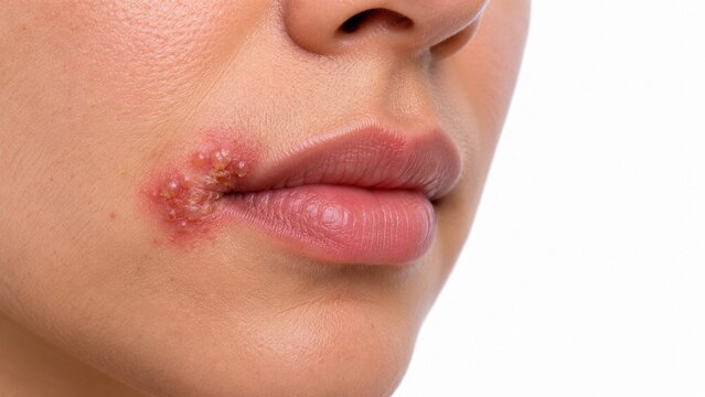 Close-up of a woman's lips with cold sore on skin