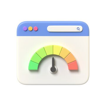 A 3d render of a colorful speed test meter icon inside a browser window interface symbolizing website performance optimization speed test and fast loading metric results.3d render