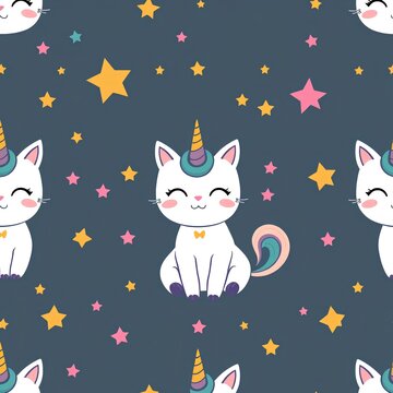 Cute unicorn cats with stars on dark background