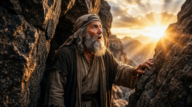 Moses standing in the cleft of a rocky mountain, looking in astonishment and awe as he beholds the passing glory of God.