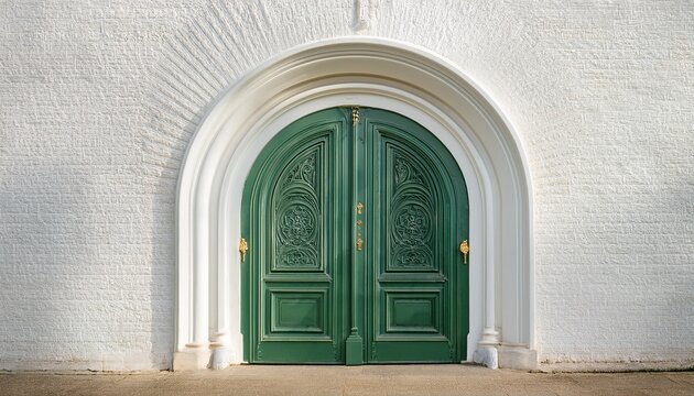 ornate green double doors under a detailed white archway on a textured white wall