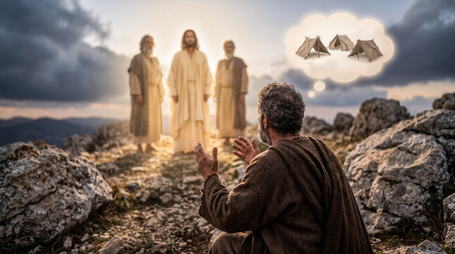 Moses and Elijah appear to Jesus on the mountain. Peter asking to Jesus whether to build three shelters.