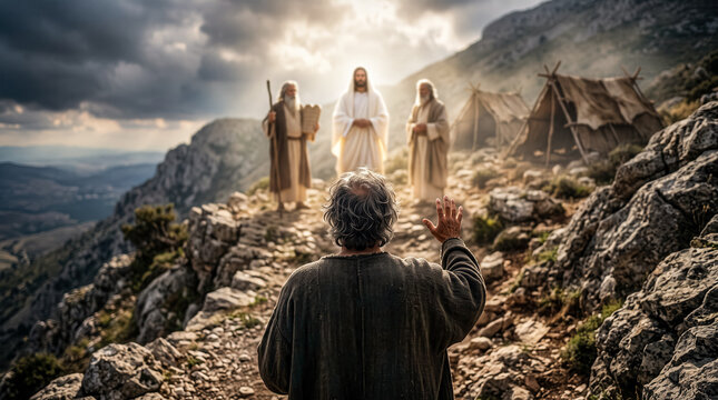 Moses and Elijah appear to Jesus on the mountain. Peter asking to Jesus whether to build three shelters.