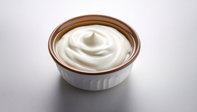 a single white ceramic pot yaourt container filled with creamy plain yogurt sitting on a plain white background for minimalist food photography projects