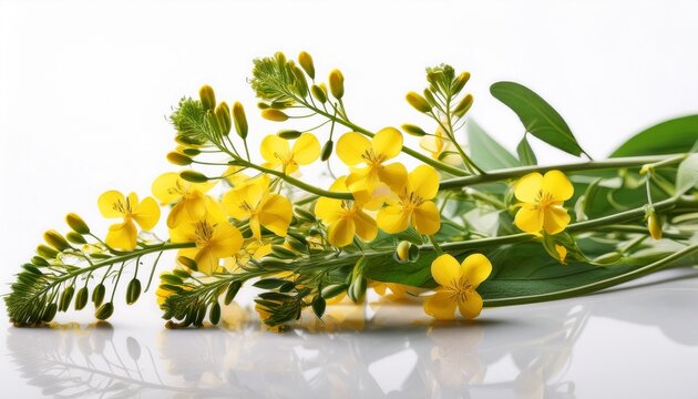 a close up studio shot of camelina sativa branches with delicate yellow flowers and small green seed pods isolated on a clean bright white background