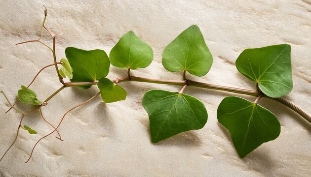 a close up studio shot of a cissus quadrangularis stem with small green leaves resting on a textured light stone background for botanical research